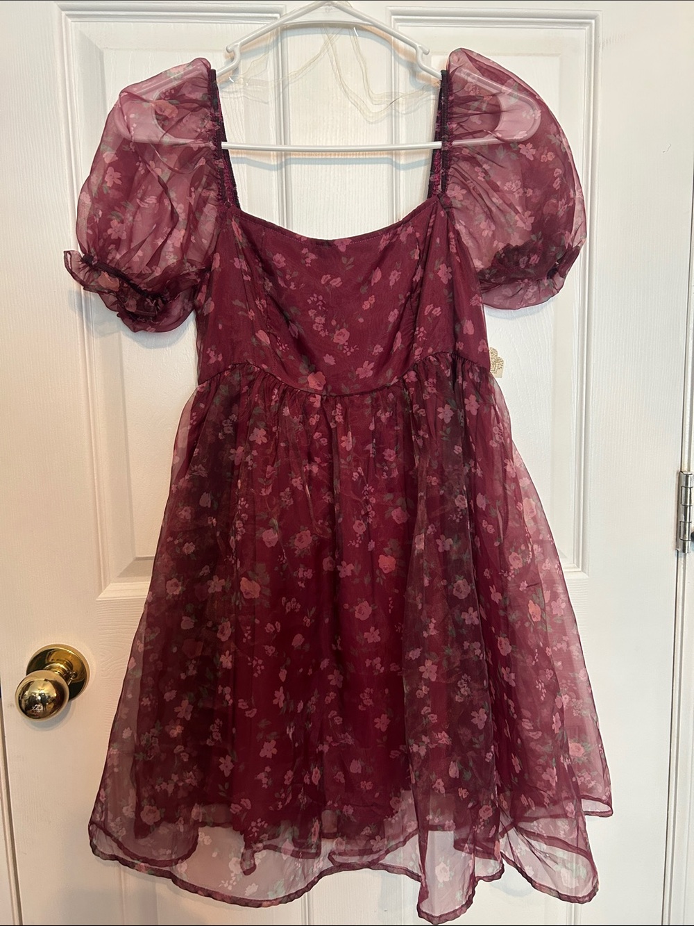 Altar'd State Burgundy Floral Puff-Sleeve Mini Dress